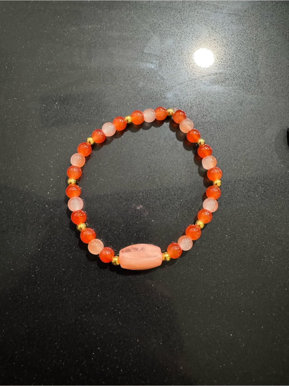 Handmade Coral & Gold Beaded Stretch Bracelet - Coral Pink Accent